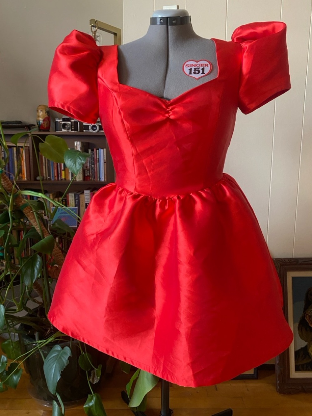 Red Satin Puffed Sleeve Mini Dress